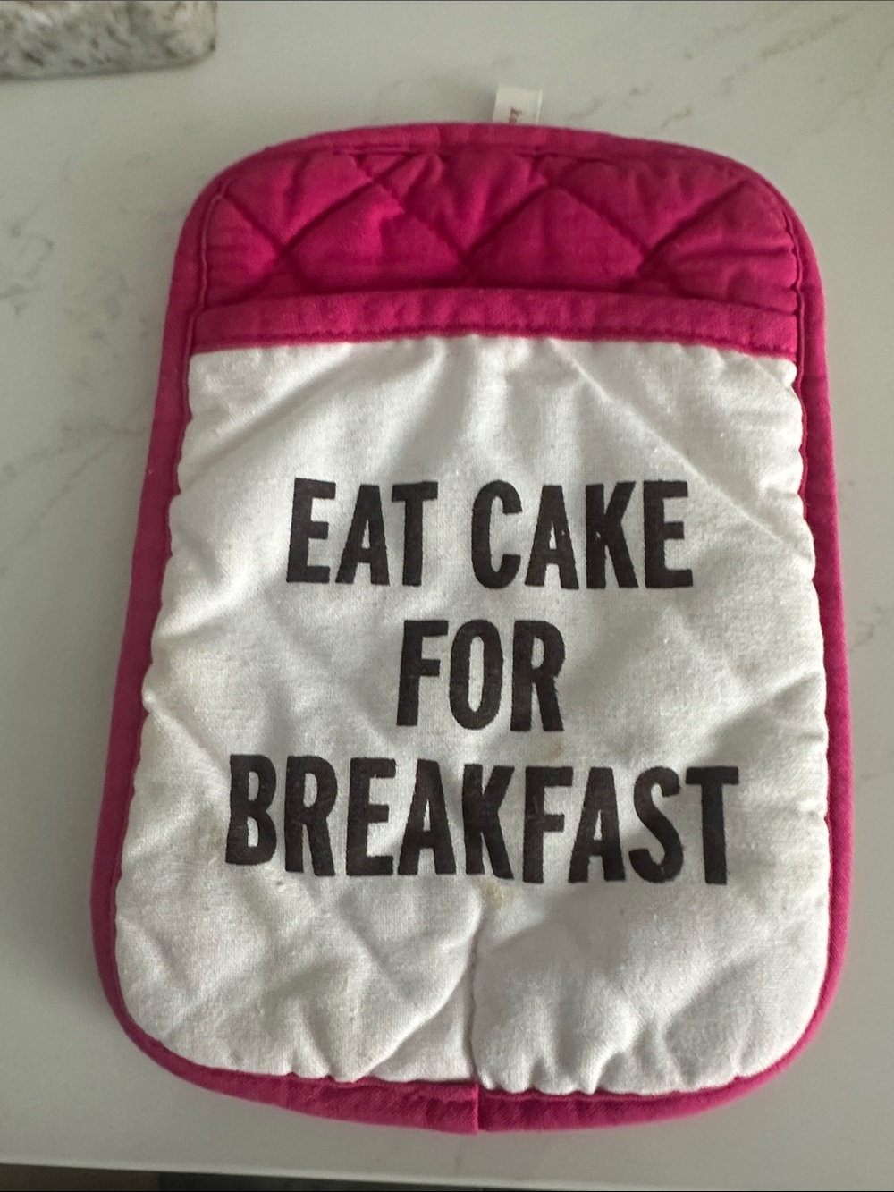 kate spade Pink and White Quilted Oven Mitt - "Eat Cake For Breakfast"